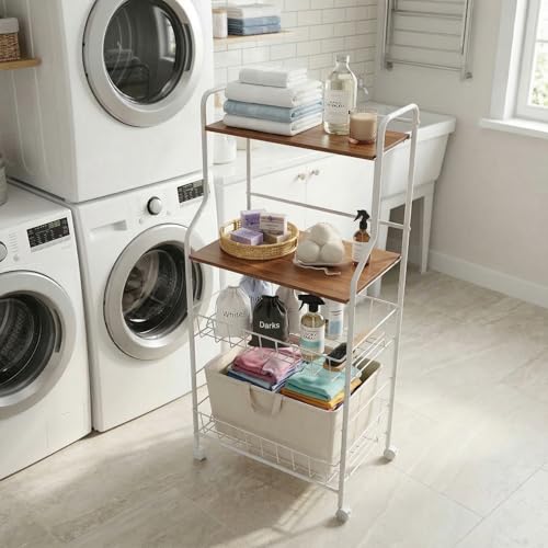 Image of Lukzer 4-Tier Kitchen Storage Rack & Microwave Oven Stand with Wheels Engineered Wood Shelf & Metal Wire Basket Rolling Cart for Kitchen Pantry & Home Organizer (White & Oak Brown /41x56x126cm) CH-092