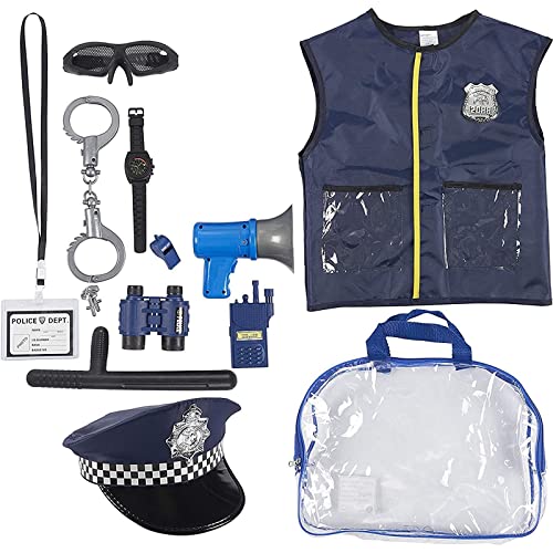 Cosa è Incluso: è incluso un cappello da polizia, un’uniforme con gilet, un finto walkie-talkie (si prega di notare che non vi è alcuna funzione di altoparlante, il walkie-talkie non è funzionale), un megafono, manette, un distintivo, un fischietto, una targhetta per il nome, una catena, un bastone, un binocolo, un orologio, occhiali da sole e un tote di plastica trasparente