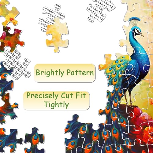Image of Vintage Peacock Puzzles for Adults 1000 Pieces, Colorful Bird Art Garden Jigsaw Puzzles, Gradient Flower Animal Puzzles as Peacock Decor