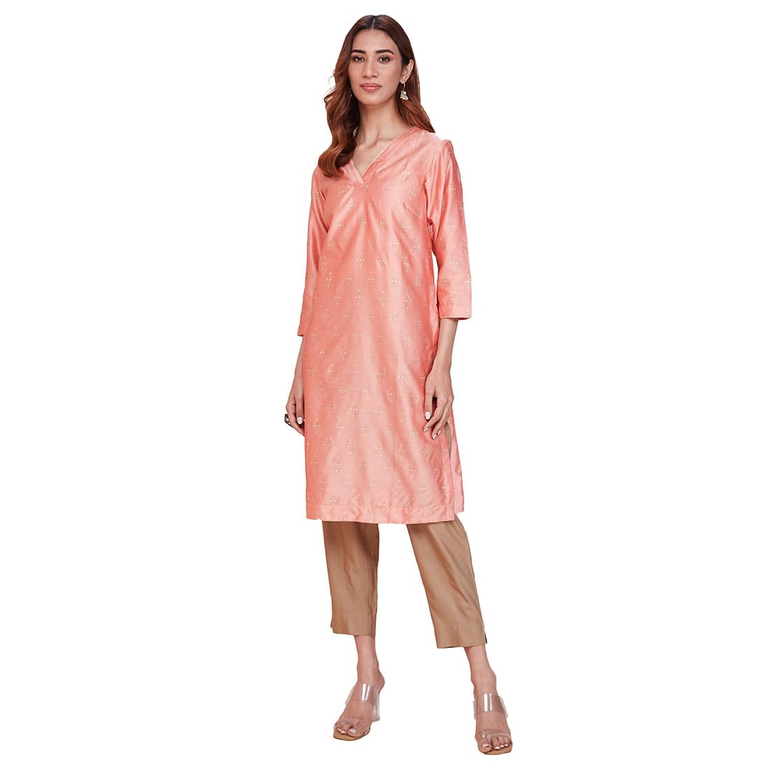 Fabindia Women's Cotton Silk Printed Regular Kurta (1037334Peach_Peach