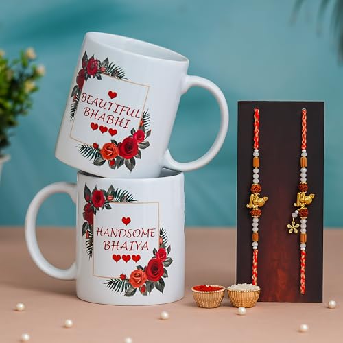 Image of Rakhi Gift for Brother and Bhabhi with 2 Printed Ceramic Mug 325 ML, Lumba Rakhi Set, Greeting Card and Tilak Set Combo for Bhaiya Bhabhi (WPM-1)
