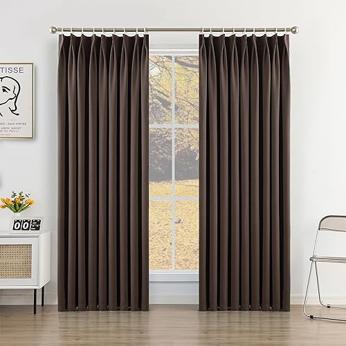 MUMFAS Coffee Brown Pinch Pleat Curtain 52" W x 72" L Solid Thermal Insulated 95% Blackout Patio Door Curtain Panel Drape for Traverse Rod and Track with Tieback, (One Panel)
