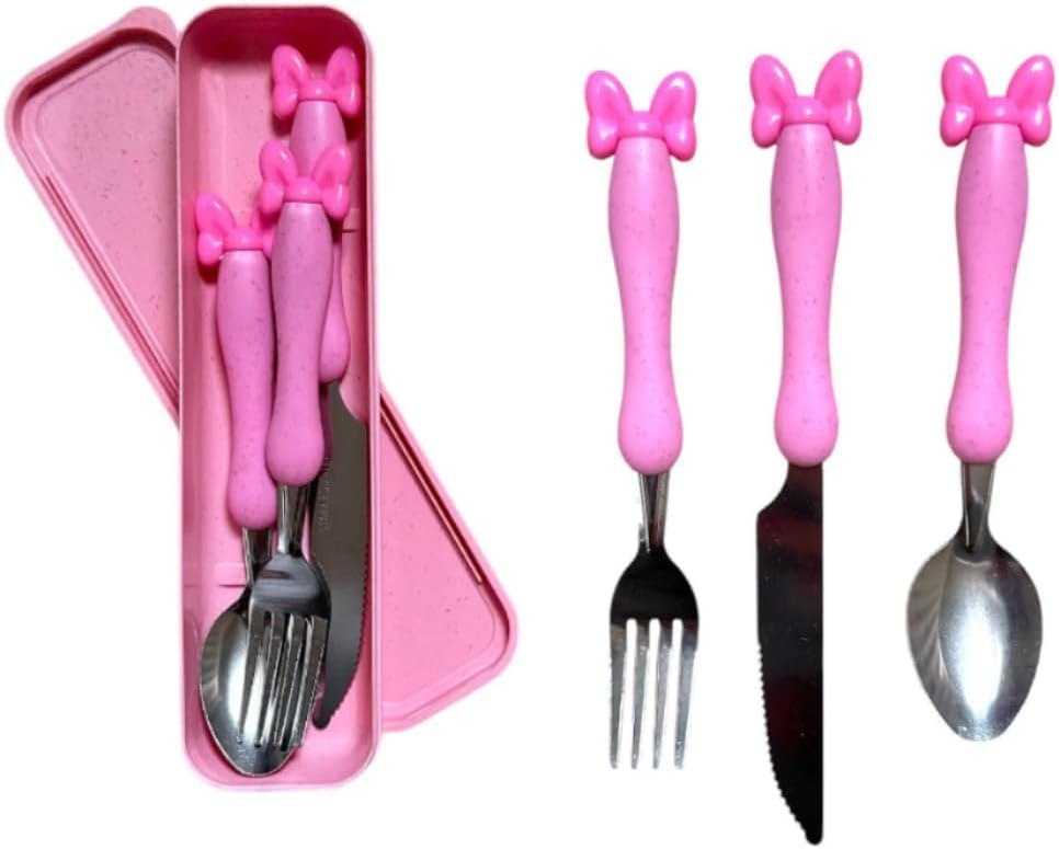 Kit Conjunto de Talheres Infantis Rosa, 4 Peças com Estojo, Garfo, Faca e Colher, Inox - Introcução Alimentar e Lanches