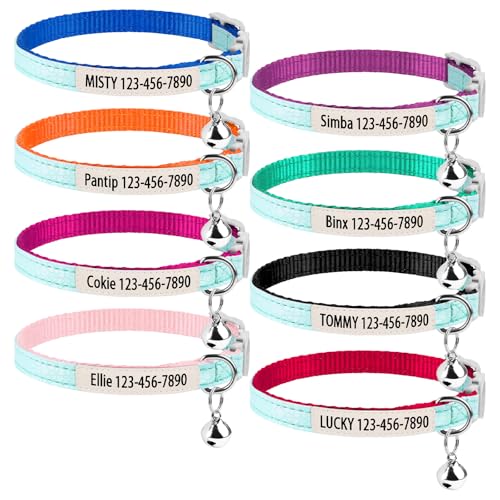 Individuelles im Dunkeln leuchtendes Katzenhalsband – Personalisiertes Katzen-ID-Halsband mit Name & Telefonnummer, Leuchtendes verstellbares Halsband mit Schnellverschluss für Haustiere