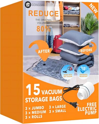 Image of GONGSHI Vacuum Seal Bags for Clothing Travel & Home Storage, Travel Vacuum Bags with Electric Pump,Space Saver for Blankets, Comforters, Pillows, Clothes,15 Combo