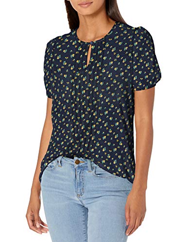 Lucky Brand Women's Short Sleeve V Neck Pintuck Printed Top, Navy Multi, S