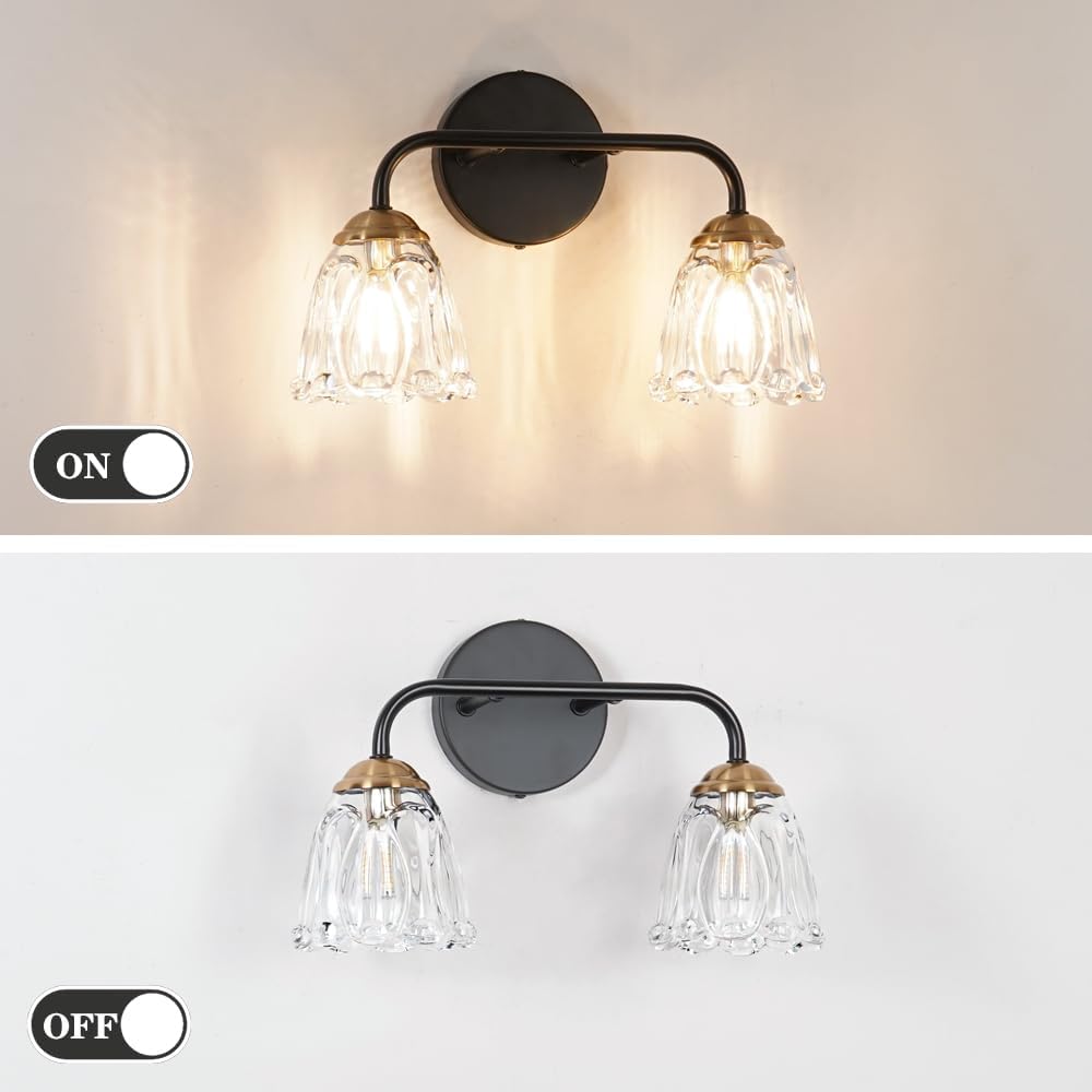 Antique 2 Light Bathroom Light Fixtures, Black and Gold Vanity Lights for Bathroom, Vanity Light Fixture with Clear Glass, Vintage Bathroom Lights over Mirror, Wall Sconce for Bedroom, Living Room