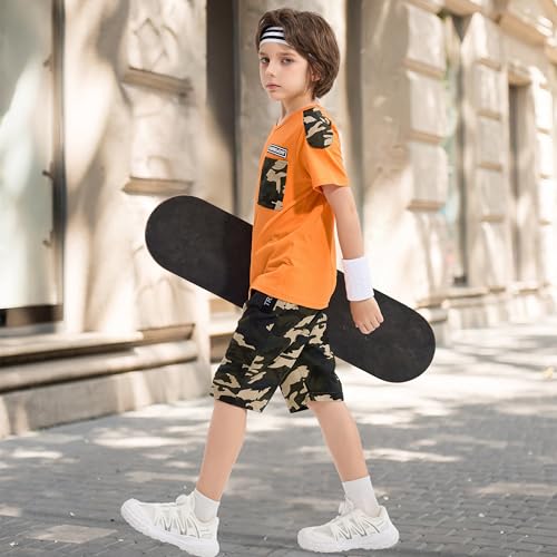 Image of LOLANTA Boy Summer Outfit Casual Clothes 2Pcs Cotton T-shirt Shorts Set | Kids Short Sleeve T-Shirt, Boy Camouflage Knee-length Shorts, Breathable Fashion Outfits, School Daily Matching Clothing Sets