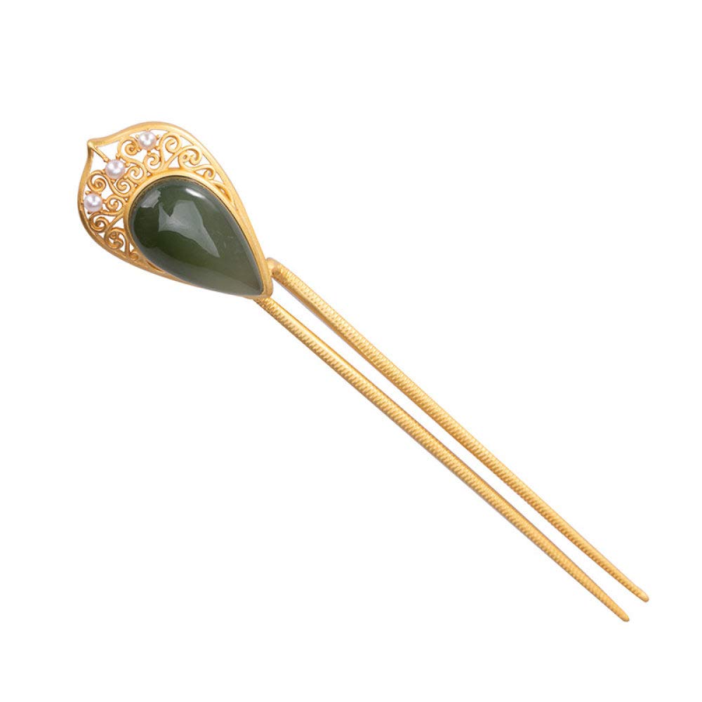 Gioielli per capelli cinesi, Bacchette for capelli retrò a forma di U in argento 925 for donna, forcina for capelli in giada verde Hetian, forcine etniche placcate in oro e perle, 3 punte for chignon.