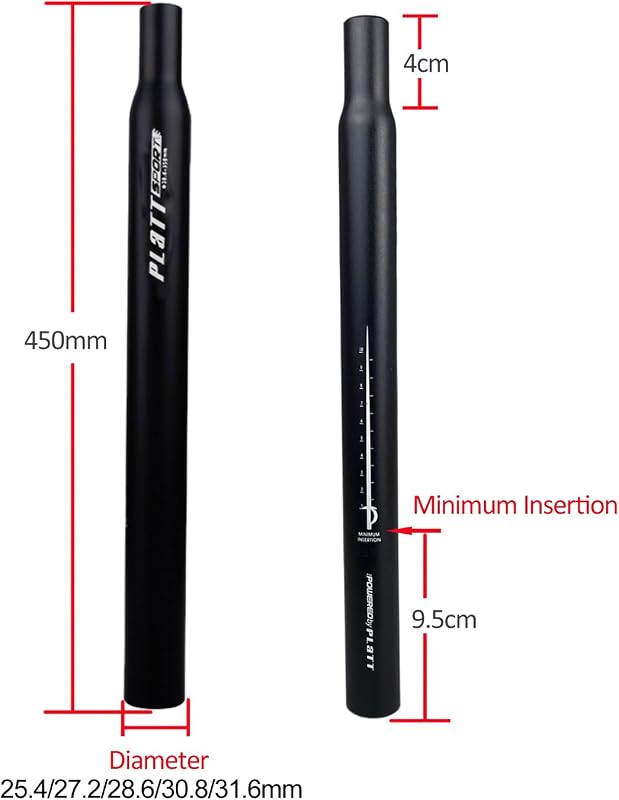 Tijă de șa pentru bicicletă din aliaj de aluminiu PLATTBK, 450 mm, pentru MTB, cursieră, downhill, BMX, diametre 25.4, 27.2, 28.6, 31.6