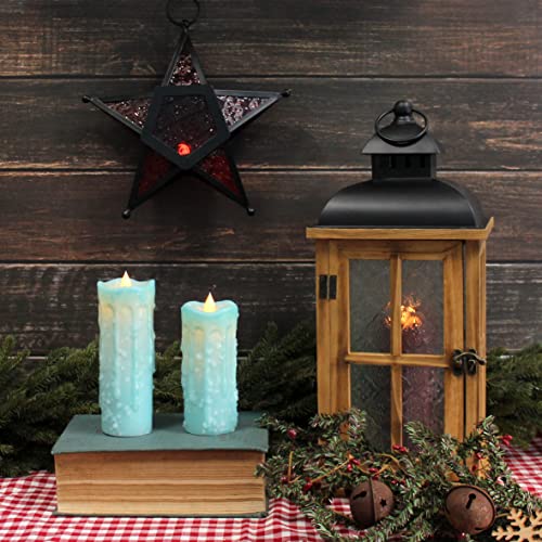 Image of CVHOMEDECO. Real Wax Hand Dipped Battery Operated LED Pillar Candles with Remote Control, Primitives Country Flickering Dancing Flame Lights Decor, H 6 & 5 Inch, Set of 2 (Teal) | Hand Dipped, Battery Operated, Flickering Dancing Flame, H 6 & 5 Inch, Primitives Country Decor
