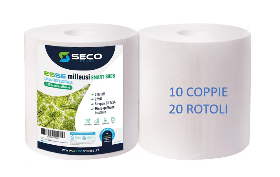 20 Rotoli Carta Asciugatutto Industriale SECOSTORE - 2 Veli, 800 Strappi/Rotolo, Alimentare - Foto 3