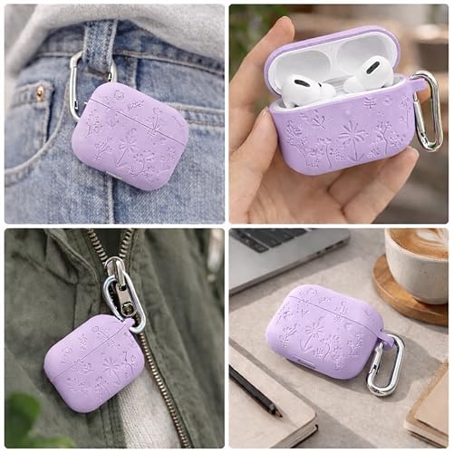 Image of Emoh Roced Case for Airpods Pro 3,Silicone Flower Engraved Cases Compatible with Apple AirPods Pro 3rd Generation 2025, Shockproof, Anti-Scratch, Protective Case Cover (Lavender, for AirPods pro 3)