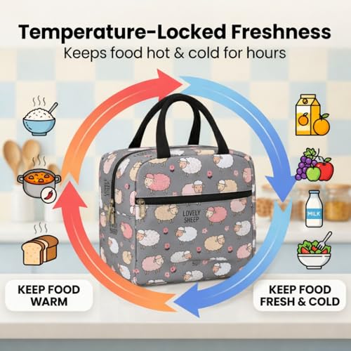 Image of Toy Imagine 5.6L Insulated Lunch Bag for Kids School Cute Cartoon Print Tiffin Bag Snack Tote Bag Compact Portable Leak Proof Tiffin Pouch Hot and Cold Lunch Box Bag for Boys & Girls (Sheep Design Grey)