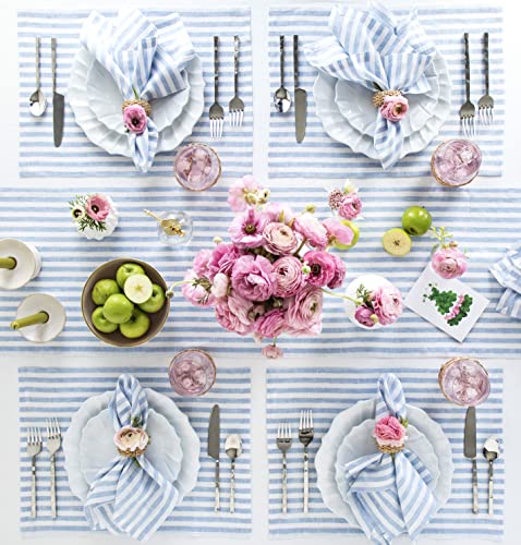 Image of Solino Home 100% Linen Napkins, 20 x 20 in, Blue and White Stripe, Set of 4 | Amalfi Stripe, a finishing touch for meals, weddings and holidays, European flax fibres, machine washable, OEKO-TEX Certified