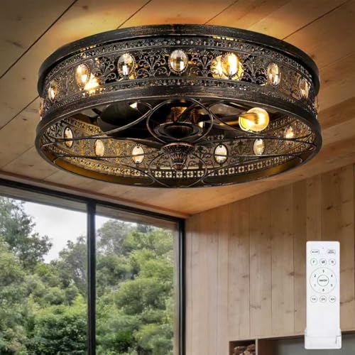Chandelier Ceiling Fan with Light, Vintage Victorian Rustic Crystal Fandelier, Caged Enclosed Bladeless Chandelier Fan, Low Profile Flush Mount for Bedroom, Kitchen, Living Room, Dining Room