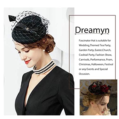 Vintage Fascinators Hats 50S Flower Feather Dress Hat Tea Party Cocktail Veil Pillbox Headwear With Clips For Women (Black) #TOP3