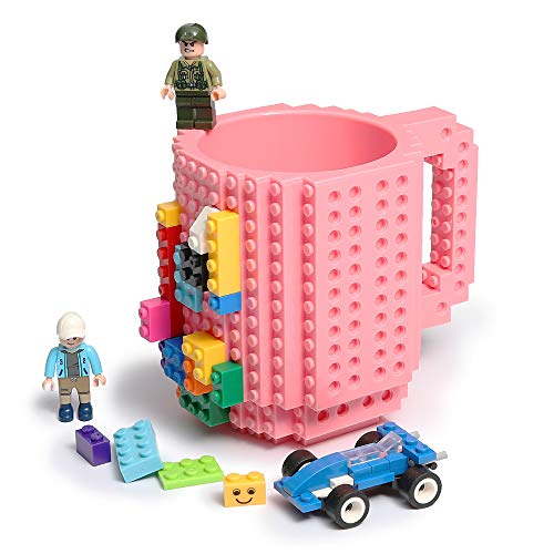 Build-on Brick Coffee Mug, Funny DIY Novelty Cup with Building Blocks Creative Gift for Kids Men Women Xmas Birthday (Pink)