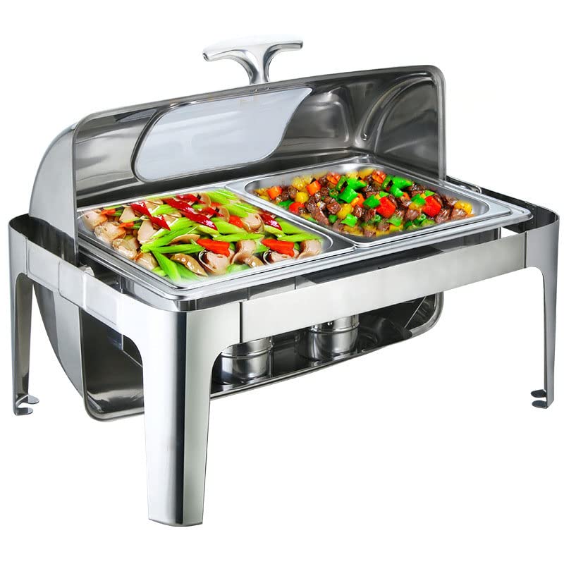 Chafing Dish-Set aus Edelstahl, 9 l, Rolltop-Buffet, Chafing Dish-Set mit transparentem Deckel, einstellbare Temperatur, 180°-Verschluss, geteiltes, abnehmbares Design, für Pa, 1hole