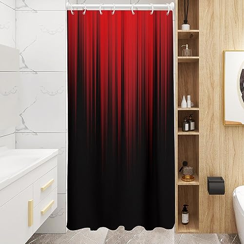 Image of AAtter Red and Black Stall Shower Curtain, 36x72 Inch Ombre Gradient Design, Gothic Style Dark Decor for Mens Bathroom, Polyester Fabric with 7 Hooks