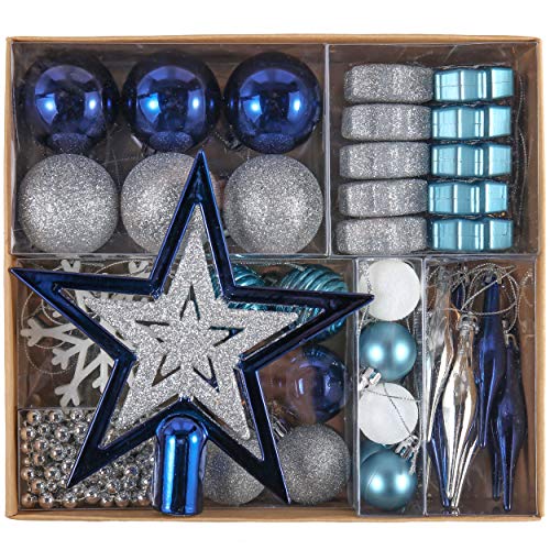 Valery Madelyn 52Pcs Bolas de Navidad de 3-5cm, Adornos Navideños para Arbol, Decoración de Bolas de Navidad Plástico de Azul y Plata, Regalos de Colgantes de Navidad (Deseos de Invierno)