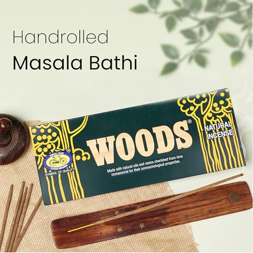 Image of Cycle Pure Woods Natural Incense Sticks (9 Inch) with Ash Catcher | Agarbatti with Wooden Stand | Woody, Sandal, Resin, Masala, Amber, Natural Fragrance for Puja Rituals & Meditation | 130gm Pack of 1