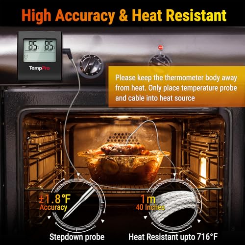 Image of TempPro TempTrack Large LCD Digital Meat Thermometer for Cooking, Smoking | Kitchen Food Probe Thermometer With Clock Timer, Stainless Steel Temperature Probe for Oven Smoker BBQ Grill Candy, Black