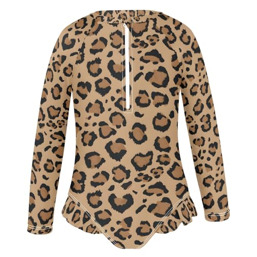 ALAZA Dark Brown Leopard Print Girls One Piece Swimsuit Long Sleeve Rash Guard Swimsuits UV 50+ Swimwear Zipper2
