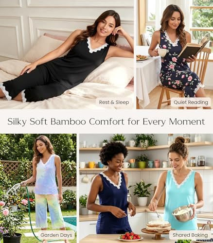 Image of NACHILA Pajamas Set for Women-Viscose Made from Bamboo, Lace V Neck Pj Tank Top Capri Pants Sleeveless Pjs Soft Sleepwear