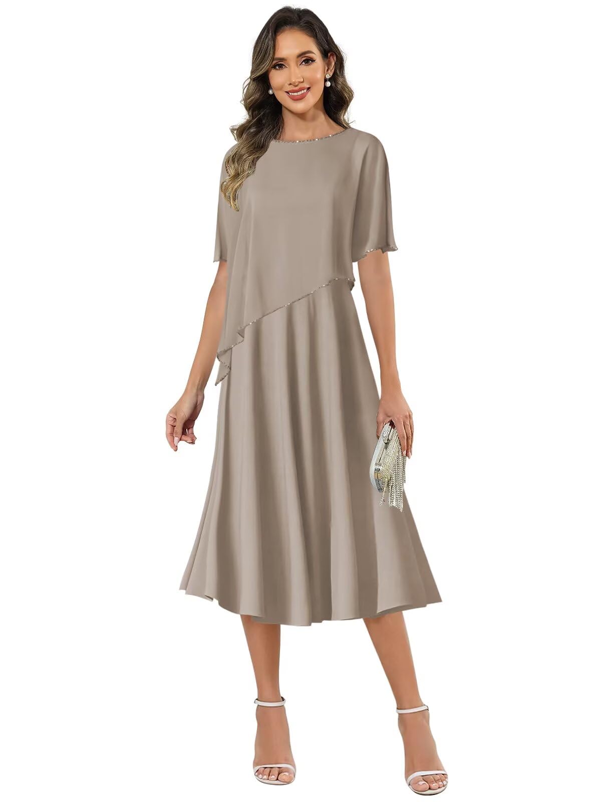 HANVAIOS Tea Length Mother of The Bride Dresses Sequin Neck A-line Chiffon Wedding Guest Dress with Cape
