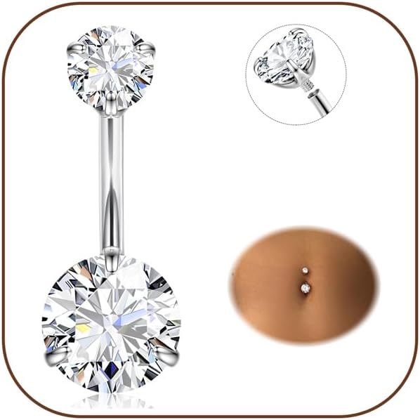 Diamday Piercing Ombelico G23 Titanio Piercing Ombelico Anello 14G CZ Ombelico Barra Piercing Pancia Bar Lungo Ombelico Barbell Ventre Anello Piercing Gioielli for Donna Uomo 8/10/12/14/16mm - 1