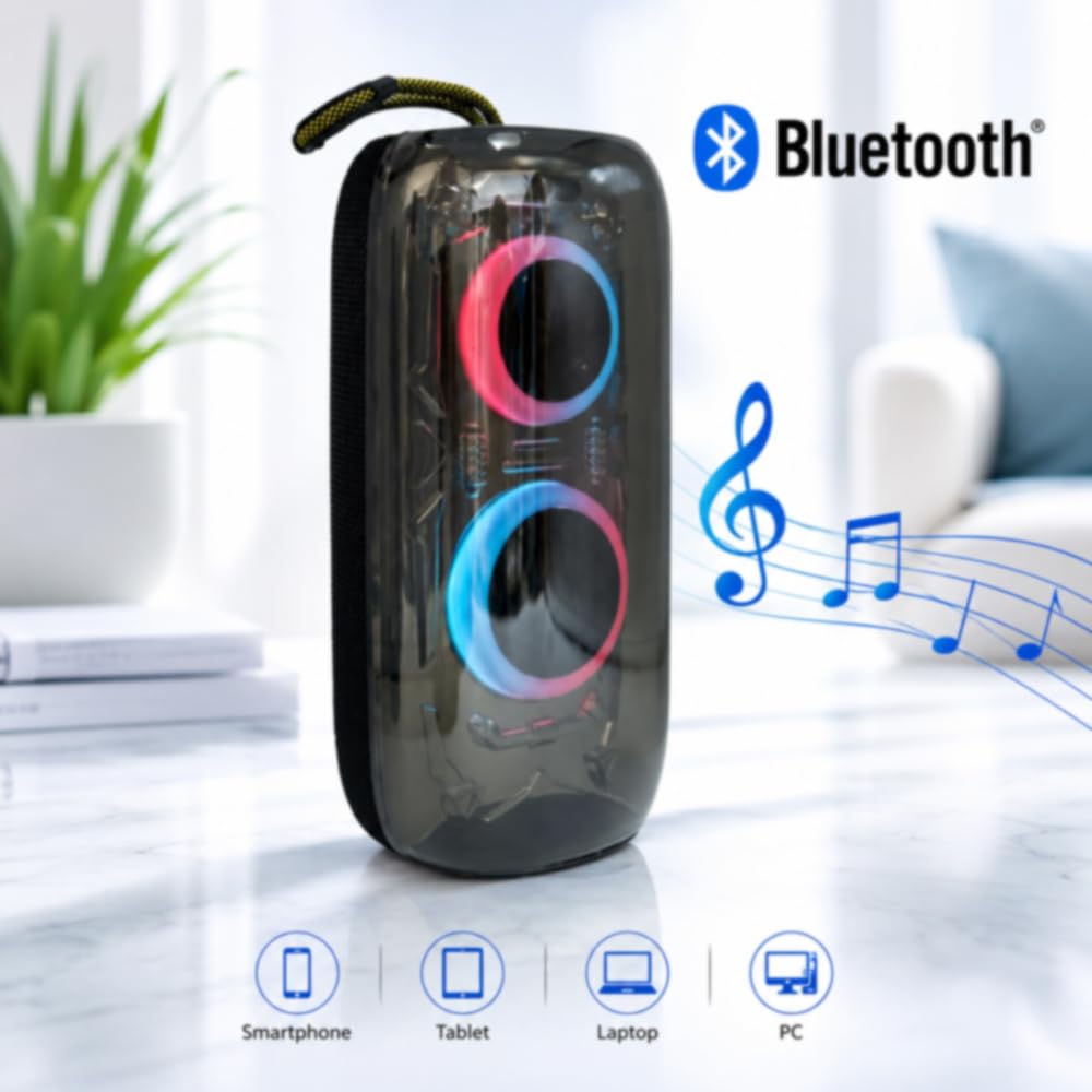 Vetrineinrete® Cassa Bluetooth 5.3 Portatile TWS RGB 20W RMS Type-C | Radio FM Integrata, Batteria 2400 mAh, Ingresso TF/USB/AUX, 60 Watt P.M.P.O, Portata 10 Metri