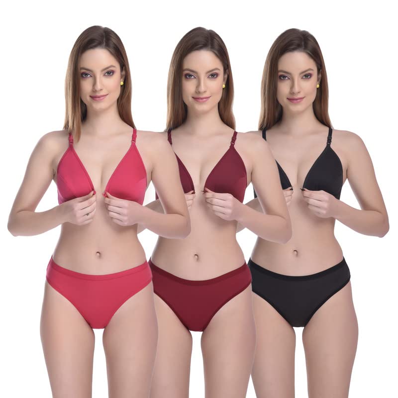 funahme Women's Non-Padded Wire Free Regular Front Open Bra Panty Lingerie Set (Pack of 3)-picture-28