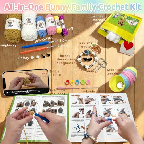 Image of LuNuaFvy Bunny Family | Starter Kit: Make 5 Bunnies, Video & Paper Guide, Split-Resistant Yarn, 2 Size Hooks, Eggs, Bracelet, Zipper Bag, Gift