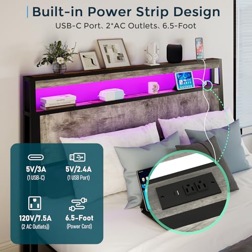 Image of SADENICEL Full Size Bed Frame with Storage Headboard, Metal Platform Full Bed Frame Wood with 4 Drawers, LED Light, Charging Station, No Box Spring Needed, Noise Free, Easy Assembly, Grey