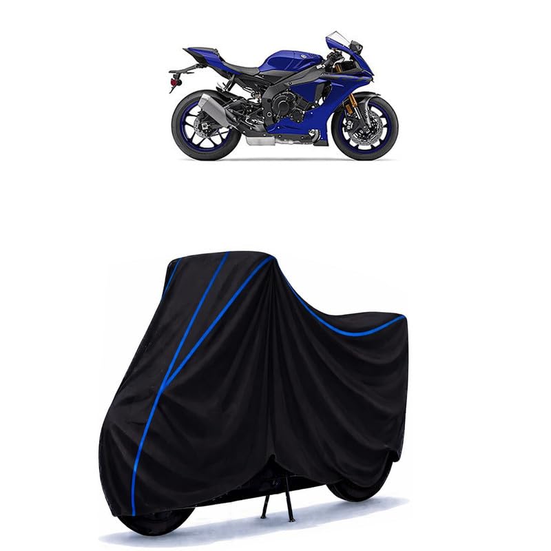 Image of YZF R1 Bike Cover Water Resistant Universal Motorcycle Rain | Heavy Duty UV Protection, Dust, Scratch Indoor Outdoor All Weather with Black Blue Piping Elastic