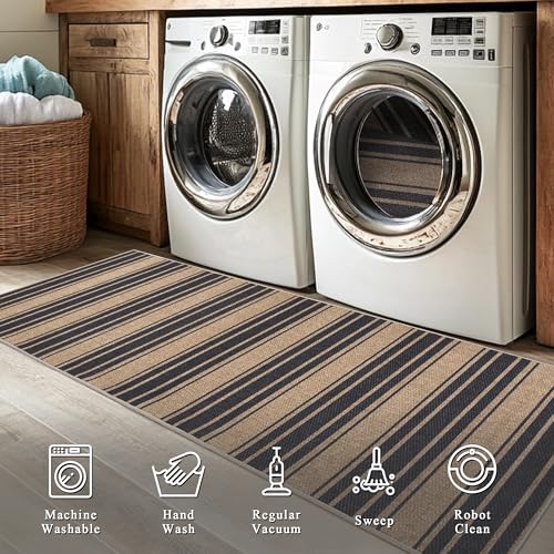 Image of Striped Easy Jute Rug 3x5 Outdoor Rug Washable Rugs for Living Room Bedroom Non Slip Neutral Farmhouse Indoor Outdoor Carpet for Backyard Patio Office