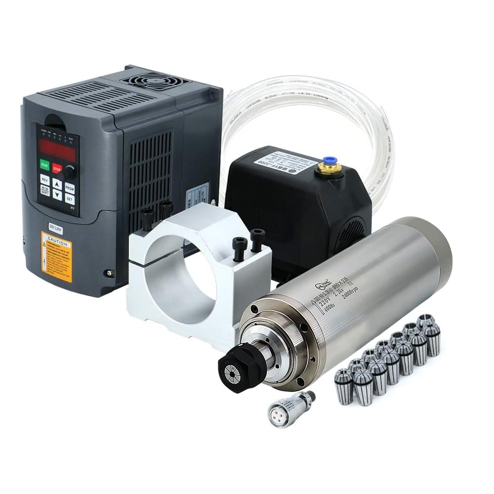 Motore a mandrino CNC, 2,2 kW, 2200 W, 220 V, 400 Hz, 24000 giri/min, mandrino raffreddato ad acqua da 2,2 kW, VFD + mandrino da 80 mm + pompa dell'acqua da 75 W + 13 prese ER20 (1-13 mm)