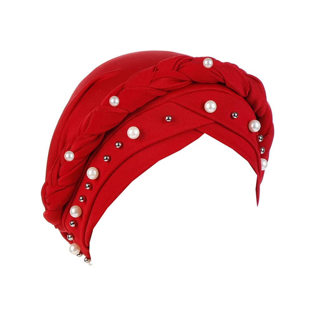 JDYaoYing Twisted Braid African Turban for Women Headwrap Beanie Cap Hair Cover Hat Red