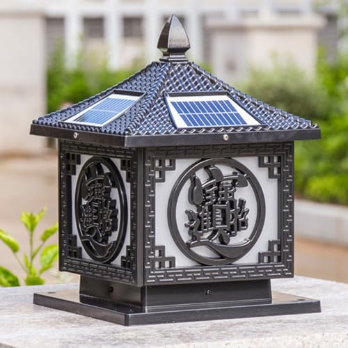 Lámpara de Poste LED Solar, Estilo Chino, Estilo Vintage, con Pantalla acrílica, para iluminación Exterior, para cercas, terrazas, Patios, Casas y porches.