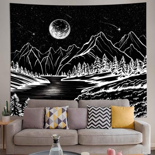 Avinyl Black And White Mountain Tapestry For Bedroom, Starry Night Forest Nature Tapestries Wall Hanging thumb #8