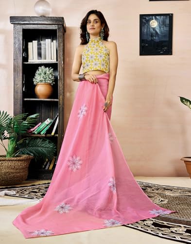 Image of SIRIL Women's Printed Chanderi Cotton One Minute Ready to Wear Saree with Unstitched Blouse Piece