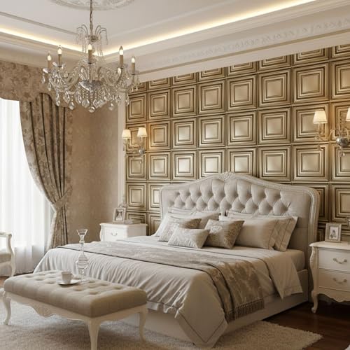 Image of Kayra Decor 3D PVC Wall Panels for Bedroom & Living Room | Frame Design | Golden Color| 19.7 x 19.7 Inch | Pack of 12 | 32.28 Sq Ft
