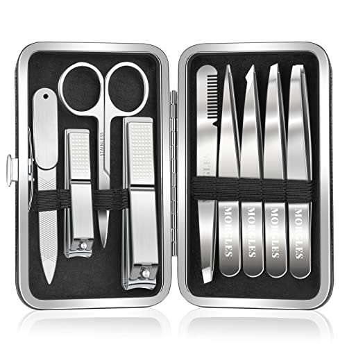 Image of MORGLES Tweezers Set for Men 9 Pcs Nail Clipper Kit with Case for Grooming