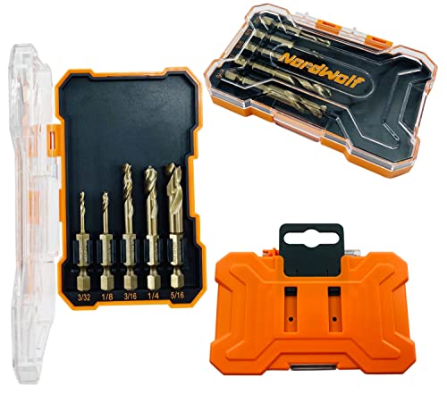 Nordwolf 5-Piece M35 Cobalt Stubby Drill Bit Set For Stainless Steel & Hard Metals, With 1/4" Hex Shank For Quick Chucks & Impact Drivers, Sae Sizes 3/32"-1/8"-3/16"-1/4"-5/16" In Storage Box #TOP5