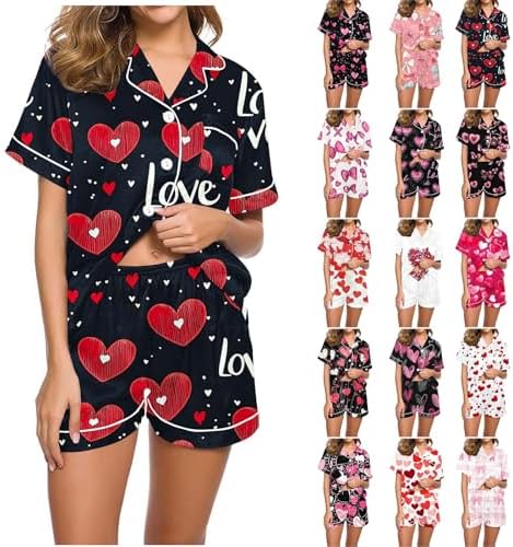 Pajamas for Women Set Heart Womens Pajama Sets Soft 2 Piece Pjs Button Down Short Sleeve Shirts and Shorts Loungewear