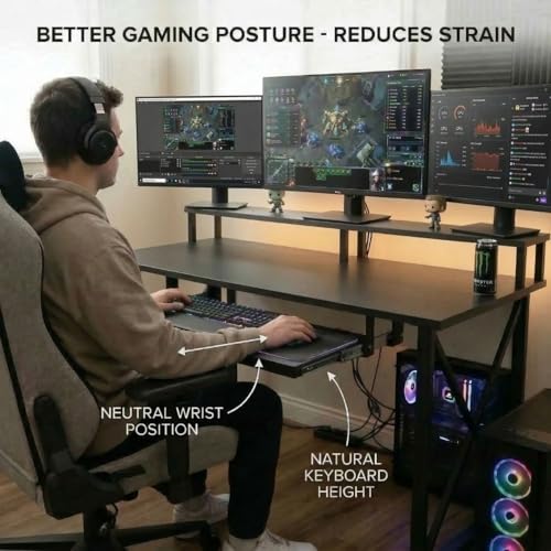 Image of FFo Gaming Desk | Music Studio Desk with Keyboard Tray | Workstation,Laptop PC Computer,Laptop PC Computer Table for Gaming & Home Office| (Black) | (150L x 60W x 87H CM) | DIY