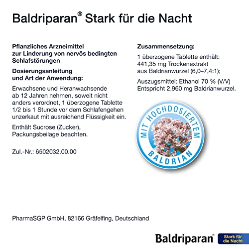 Baldriparan Snažan za noć - Biljni lijek s visokom dozom suhog ekstrakta korijena valerijane - Provjerene dražeje za živčane poremećaje spavanja - 120 dražeja