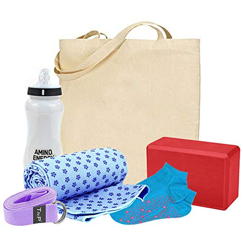 TnP Distribution Starter Beginners Yoga Kit Set Tote Bag Includes (Yoga Strap + EVA Yoga Block + Yoga Socks + Yoga Towel/Blanket + Optimum Nutrition Water Bottle)