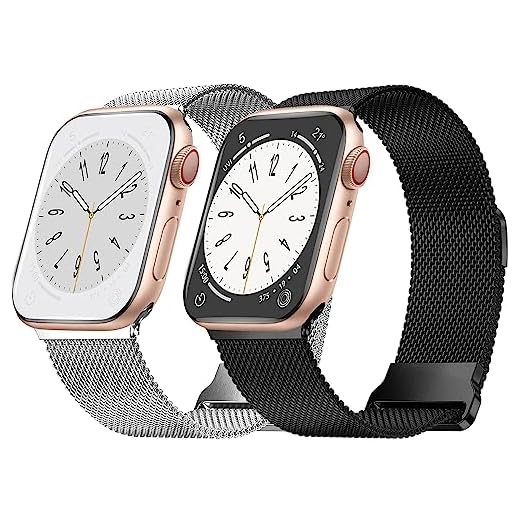DOBSTFY 2 stycken metallarmband kompatibla med Apple Watch armband 44 mm 45 mm 42 mm för kvinnor och män, rostfritt stål metall nätarmband med magnet för iWatch Series SE 7 6 5 4 3 2 1 silver + svart
